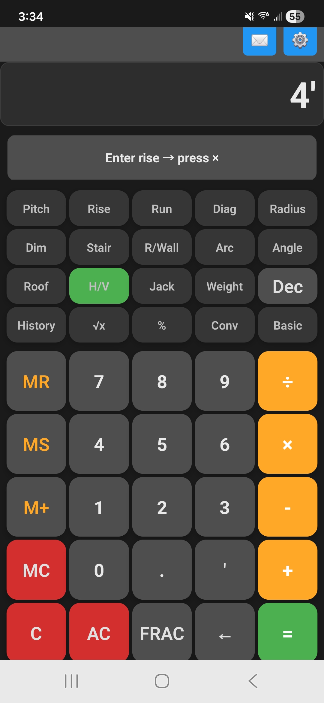 BoardCalc H/V and construction calculator input
