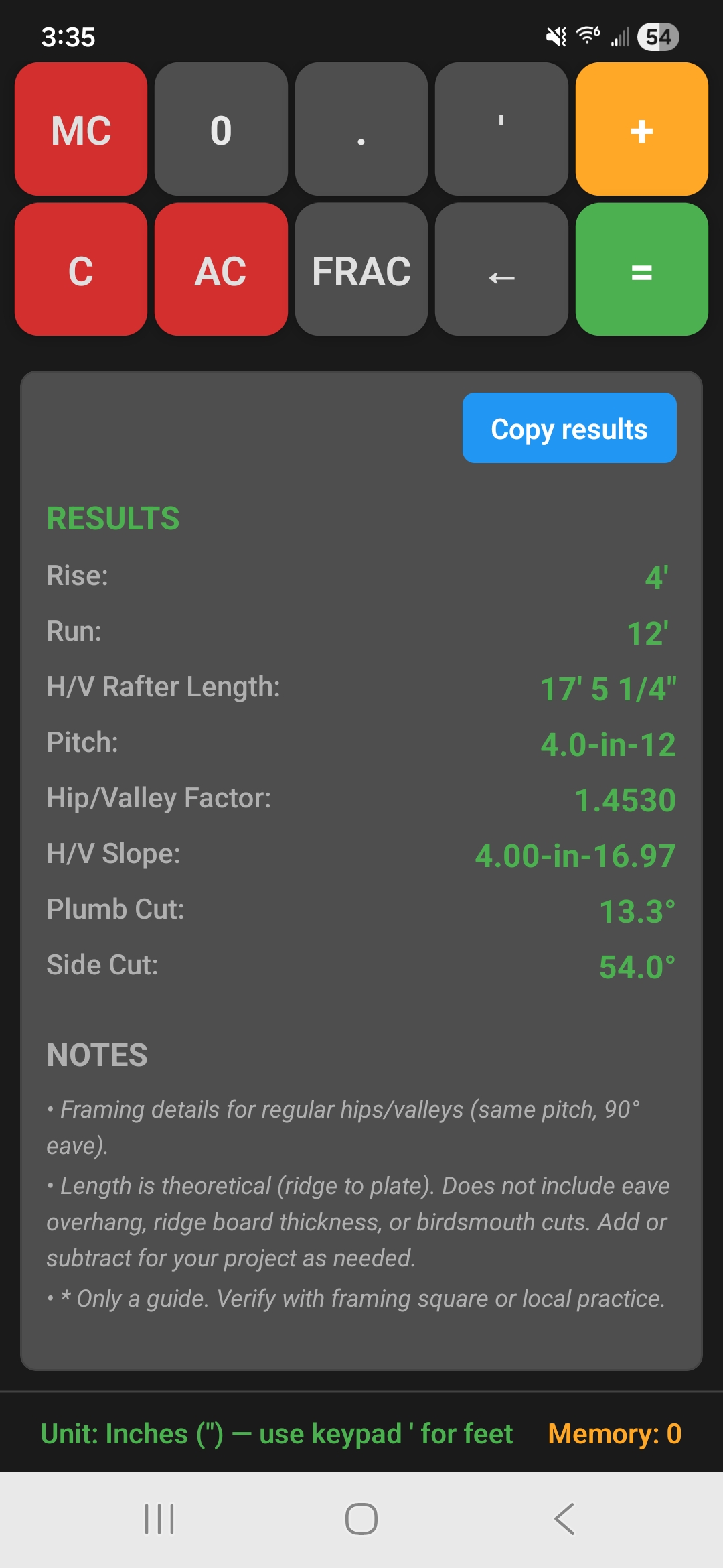 BoardCalc hip and valley rafter calculator results continued