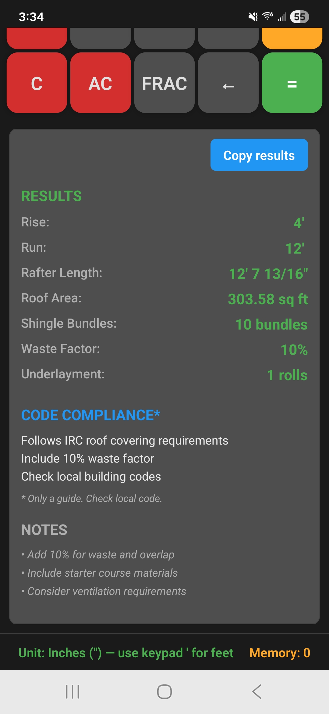 BoardCalc roof and rafter calculator results detail
