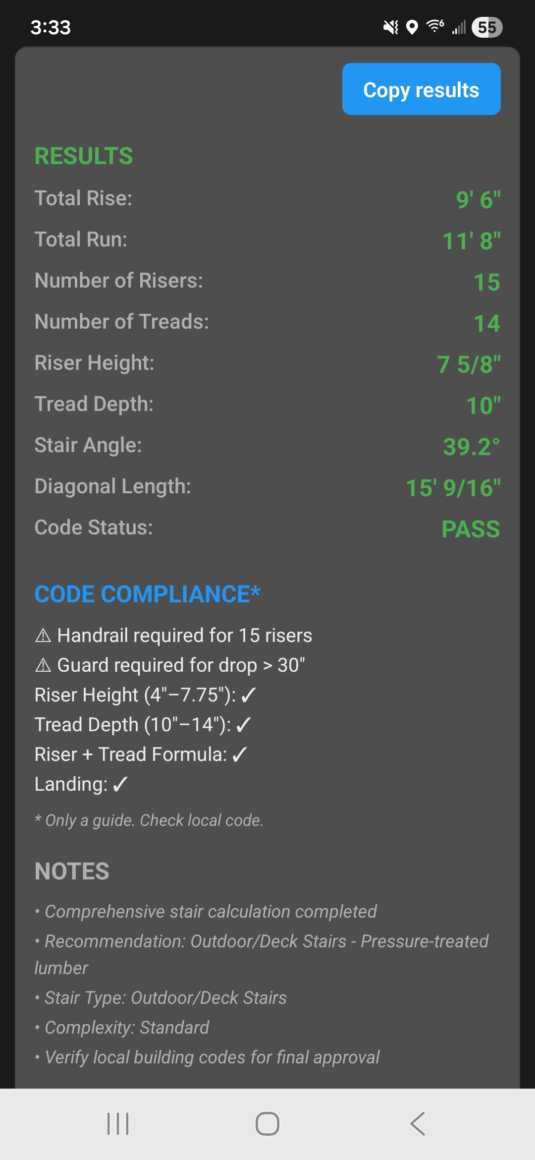 BoardCalc stair calculator results – rise, run, and layout