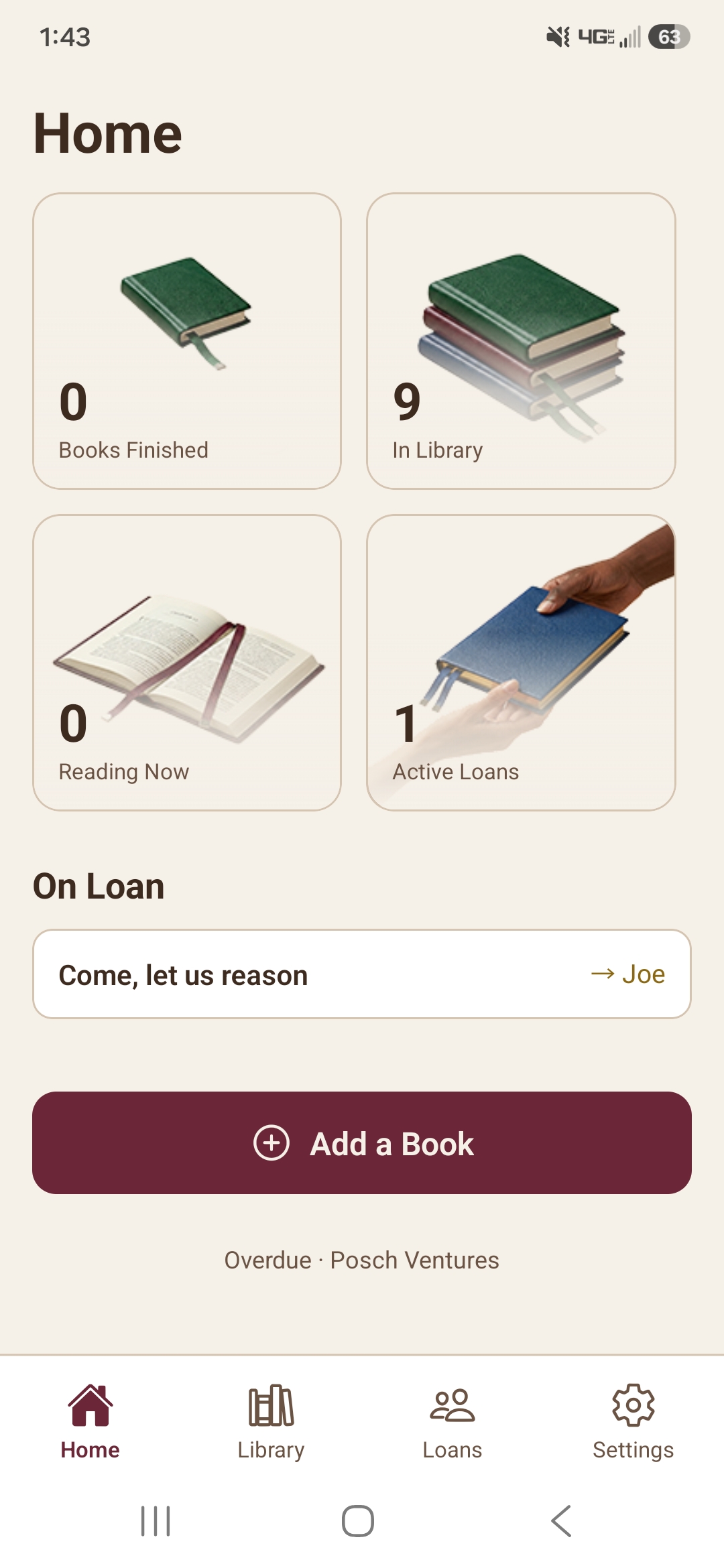 Overdue home screen with reading stats and active loans