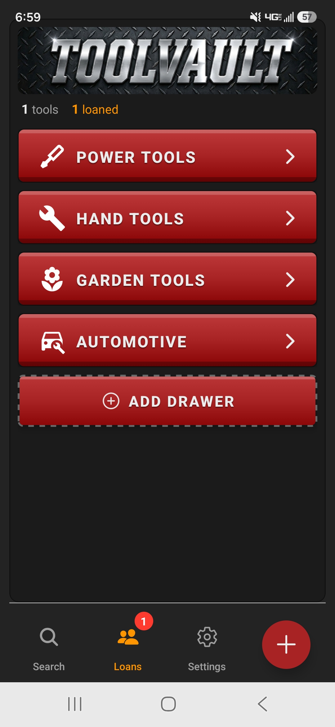 ToolVault home screen with tool drawers