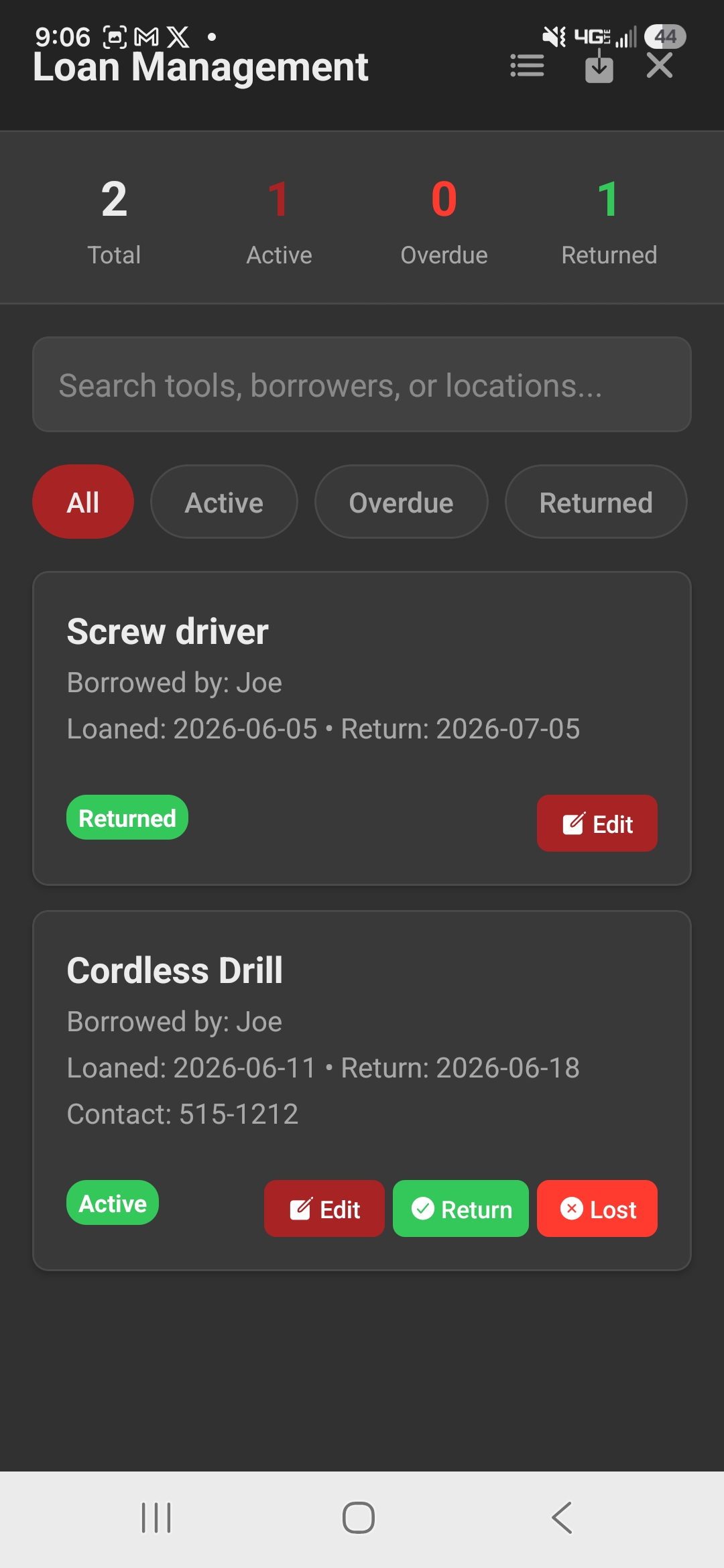 ToolVault loan management screen