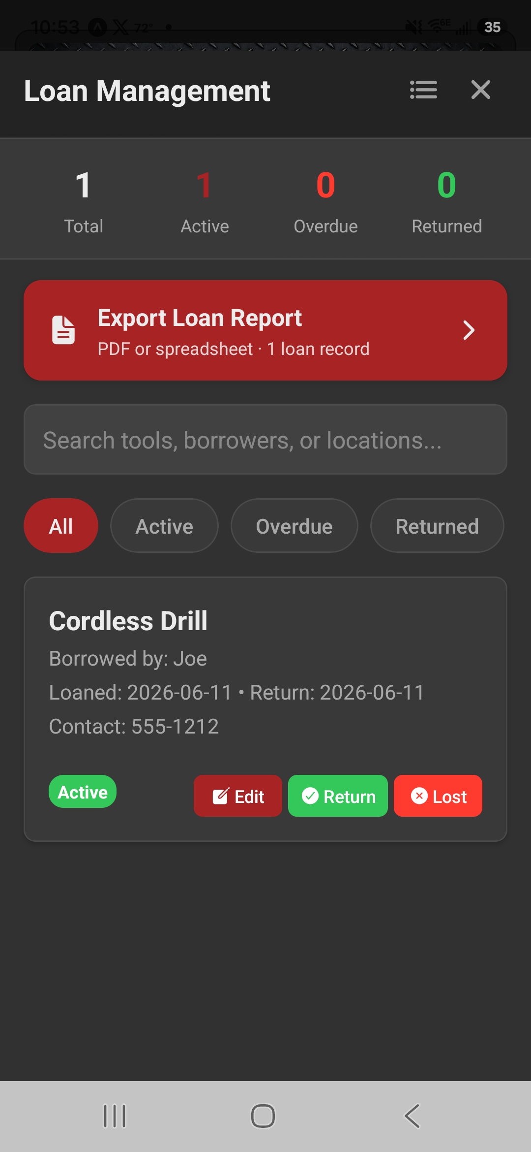 ToolVault loan report export