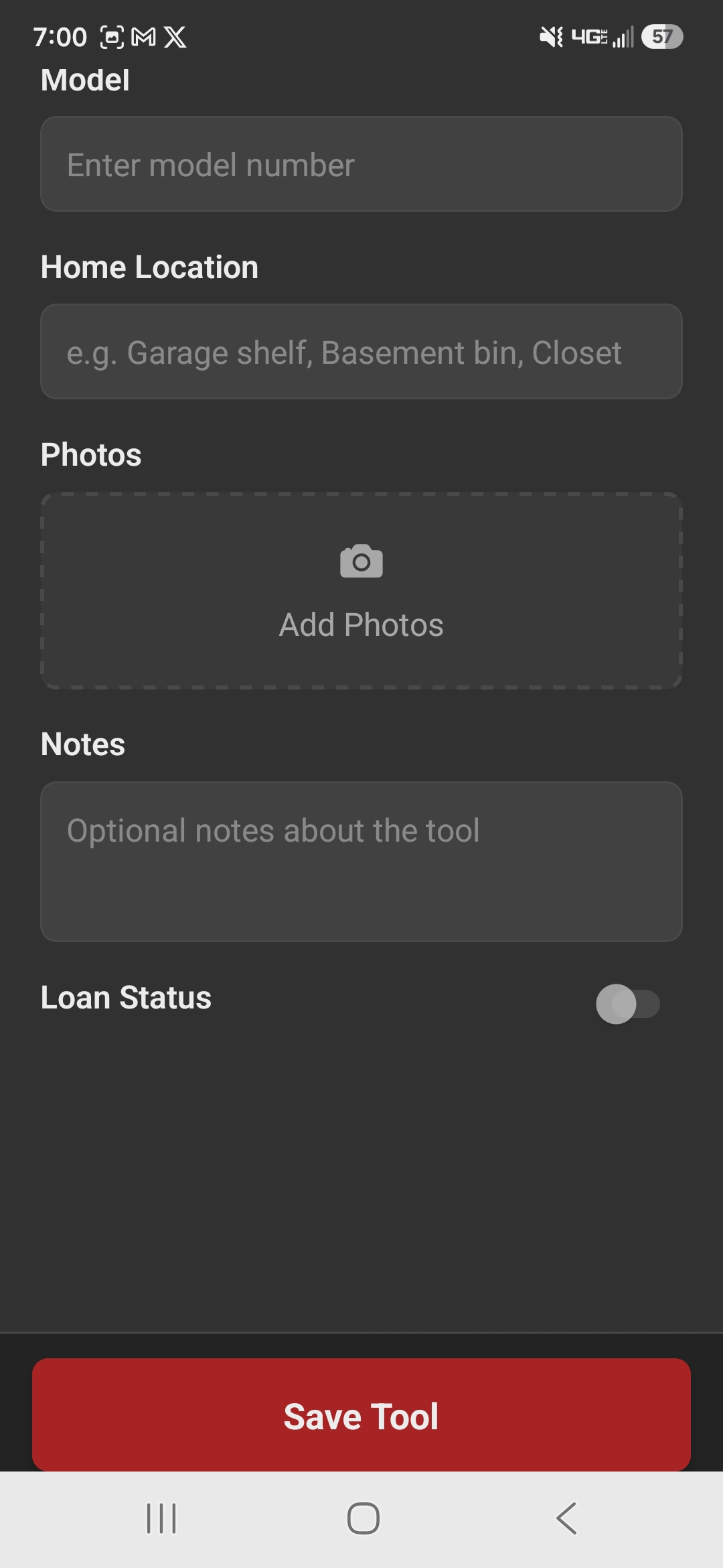 ToolVault tool entry with barcode scan